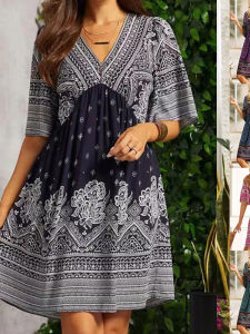 ชุดเดรสคอวีสไตล์ชาติพันธุ์สำหรับผู้หญิง ชุดเดรสยาวคลุมเข่าแขนยาว 5 นิ้ว ทรงเอ ผ้าฝ้ายผสมโพลีเอสเตอร์ ฤดูร้อน 2025