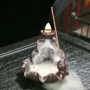 倒流香炉 陶瓷香炉 檀香 熏香炉含十粒香 Ceramic Backflow Incense Burner Lotus Incense Sticks Sandalwood Incense Burner Waterfall Resin Censer Home Fragrance