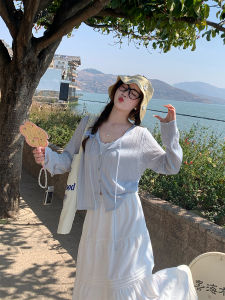 Blue Knitted Open Cardigan Womens Thin Summer Strap Outer Sunshade Coat Knitted Outerwear Top V-neck Long Sleeve Regular Fit