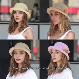 Elegant Womens Floral-decorated Straw Hat - Breathable Sun Hat Outdoor Travel Vacation Fisherman Hat Beach Hat