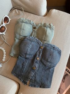 Denim Style Womens Summer Crop Top Vest One-Piece Wrap Chest Design Small Niche Slit Pad Denim Tube Top by Fubafui