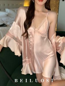 Belo ผ้าไหม ลูกไม้ ใส่น้ําแข็ง ผ้าไหม ชุดนอน เสื้อคลุมยาวสําหรับงานแต่งงานเจ้าสาวเช้า ชุดราตรี หวาน สไตล์ All Season น้ำหนักเบา