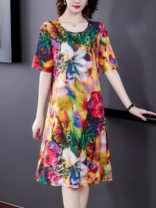 Printed Ice Silk Dress Spring Short Sleeve Loose Large Size Mommy Fashion Elegant Simple Two-Piece Set Midi Length One Piece