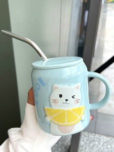 Cute Cartoon Cat Ceramic Mugs Large Capacity with Straw Men Women Students Couples Water Cups Home Dining Utensils