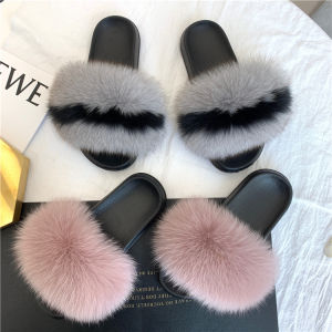 Fluffy Slippers Womens Outwear Summer Online Influencer Fashion Real Fur Fox Fur Flats Fur Sandals Ins Soft Bottom Slippers