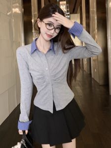 GUZILIAN | Womens Spring Autumn Plaid Splice Long Sleeve T-Shirt Short Style Waist Inward Base Shirt Design Sense Pleated Inner Wear