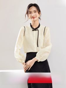 New Chinese Style Color Block Lantern Sleeve Shirt Womens Small Size Cheongsam Style Top National Trend Horse Face Skirt