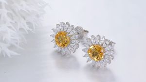 Lohaspie Jewelry Original 2 Carat Solid Sterling Silver 925 Stud Earring Natural Citrine Stud Earring Flower Yellow Gemstone Stud Earring For Women Wedding Jewelry Gift