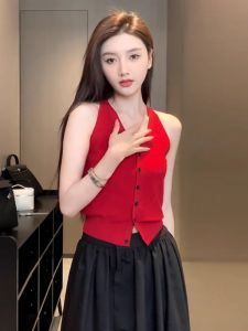 สีดำ คอวี ถัก ไม่มีสาย เสื้อกั๊ก ผู้หญิง ฤดูร้อน แขนกุด แจ๊กเก็ต เสื้อกล้าม Topjazz衣 Slim Version Pure Color