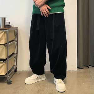 plus Size 300 Pounds American Retro Solid Color Harlan Pants Mens Loose Straight Leg Wide Leg Pants Autumn Winter Elastic Waist Casual Trousers