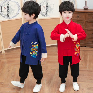 Han Dynasty Traditional Chinese Garments for Boys Chinese Style Retro Outfit Thin Cotton and Linen Suit Baby Improved Spring & Fall Kids Traditional Chinese Clothing
