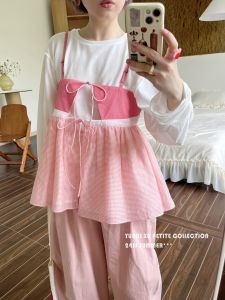 Original YUNKIXU PETITE Line 2-Way Butterfly Knot Strapless Silk Cotton Gingham Print Orange Fan Color Blouse for Young Women