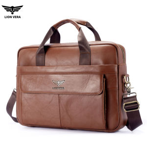 LION VERA Mens Genuine Leather Briefcase Business Commuting Large Capacity Portable Laptop Crossbody Shoulder Travel Bag