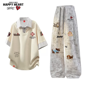 CHARLES JANGS HAPPY HEART | Breathable Cartoon Emblem T-Shirt and Long Pants Set