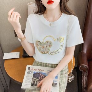 Summer Ice Silk Short Sleeve T-Shirt Womens Base Layer Shirt round Neck Print Casual Loose Fit High End Brand Top