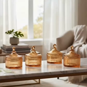 Set 4 Hũ Thủy Tinh Đựng Bánh Kẹo TMT10 Dáng Vương Miệng Kẻ Sọc Ánh Vàng Cao Cấp Decor Bàn Trà Sang Trọng