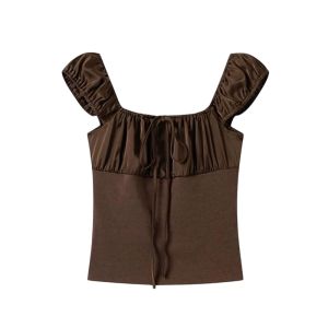 YUEZHONGWEI | American Style Spicy Girl Coffee Color Square Collar Tied Pleated Short Sleeve Womens Summer Slim Fit Short Length Top