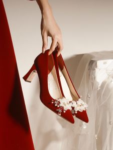 Elegant Chinese Wedding Shoes High Heels Comfortable Thick Heel Not Tired Footwear for Bride Red Dress Single Shoes Large Size 43