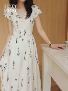 Floral Short Sleeve Lightweight V-Neck Linen A-Line Dress with Waist Cinch