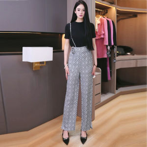 Quần Ống Đứng Vải Voan Đen Trắng Cho Nữ Mùa Thu 2025 Quần Dài Thường Ngày Cạp Cao Bằng Polyester 100% Quần Ống Đứng