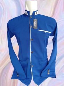 Baju Koko Jasko Dewasa Baju Pria Muslim Semi Jas Polosan Warna Biru Lis Putih