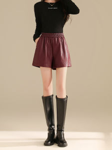 High Waist Loose Fit Red Leather Shorts Womens Autumn 2025 New Style A-Line Wide Leg Pants PU Boot Pants Casual Trousers