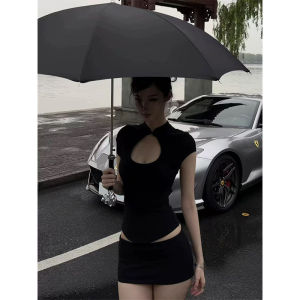 Stylish Chinese Stand Collar Hollow Out Black T-Shirt Summer