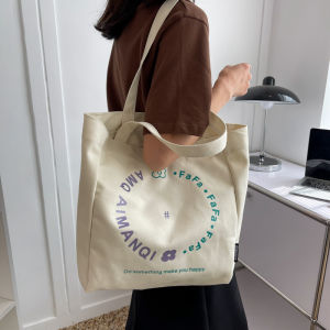 Fashion Canvas Single Shoulder Bag With Letter Print Casual Tote Bag For Students Universal Shopping Bag Soft Zipper Closure