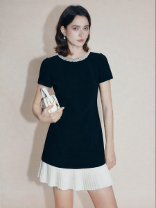 FAMANXUAN | Hand-beaded and Rhinestoned Color Block Acetate Pleated Dress