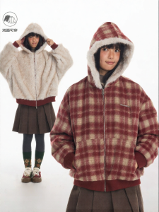 JNXS | Áo Khoác Bông Cotton Cổ Đô Phía Đôi Kiểu Plaid Lông Mink Giả
