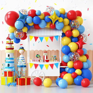 Vibrant Carnival Balloon Garland Arch Kit - Red Blue Yellow & Rainbow Confetti/Star Foil Balloons for Birthday Circus Theme