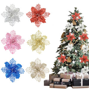 Christmas Flowers Decorations Big Ornaments Red and Blue Flower with Stick 4pcs Poinsettia Glitter Flowers For Xmas New Year Home Decor DIY 2023 Decorative