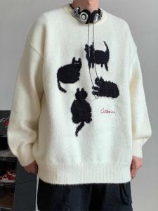 Cleanfit Cat Pattern Mermaid Hair Knitwear Mens Autumn Winter Loose Lazy Style High End Feeling Long Sleeve round Neck Youth Trend