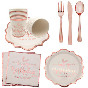 Rose Gold Disposable Tableware Happy Birthday Paper Plates Cups Napkins Kids Adult Birthday Party Men Women Anniversary Supplies