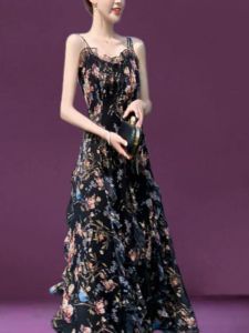 Summer New Floral Lace Dress French Strap Long Slimming Skirt High Waist A-Line Gown Korean Style Printed Design No-Sleeve Maxi