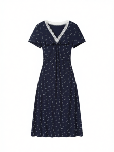 Lace Trimmed Floral Print Summer Vacation Style V-Neck Short Sleeve Dress