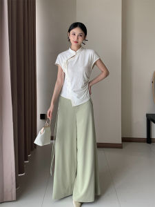 Qianyu Chinese Minimalist Original Design Spring Summer New Style Long Pants with Sash Light Green Casual Trousers for Women
