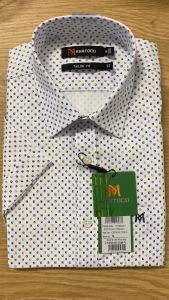 Sơ Mi Họa Tiết Tay Ngắn Trắng - Xanh Navy Form Tailor Fit Chống Nhăn Lai Ngang - Áo Nam Khatoco