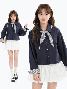 French Vintage Striped Patchwork Sleeve Fake Two-Piece Shirt Jacket Short Length Spring Versatile XinmonLee Womens Business Casual Shirt