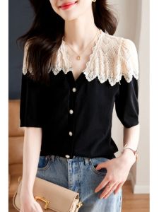 Lightweight French Lace Splicing Hollow Short Sleeve Shirt Summer New V-neck Bubble Sleeve Blouse Women Straight Tube Style