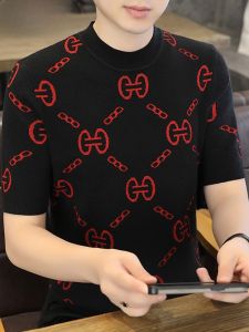 HENGYUANXIANG | Mens Knitted Short Sleeve Sweater Thickened Half Sleeve T-Shirt Base Shirt Autumn Winter Fashionable City Style Geometric Pattern