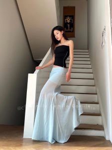 กระโปรงยาวปานกลางผ้าชีฟองสีน้ำเงิน Camila สำหรับผู้หญิง ฤดูร้อน 2024 กระโปรงทรงเอเอวต่ำ กระโปรงทรงหางปลา กระโปรงสั้น