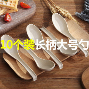 Portable Large Handle Spoon Wheat Straw Spoons Home Use Dining Utensils Cute Commercial Soup Spoons Set of 10