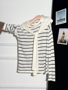 Ladies Loose Knitted Sweater Striped Patchwork Lazy Style Inner Wear Base Shirt Shoulder Design Autumn Fashion Casual Top