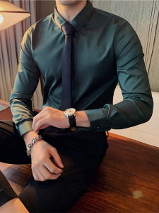 Spring Autumn Mens Long Sleeve Shirt Slim Fit Fashionable Business Casual Professional Iron Free Shirt Dark Green Color