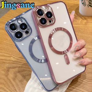 [With Free Tempered Film] Jingsanc Magsafe Transparent Soft Phone Case For iPhone 15 14 13 12 11 Pro Plus Max Wireless Charging Anti-fall Phone Casing Full Cover Plating Clear Shockproof Back Cover Y25-1