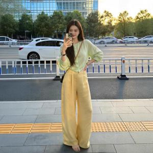 XUECAIQI | OOTD Korean Style Green Shirt Yellow Wide Leg Pants Set