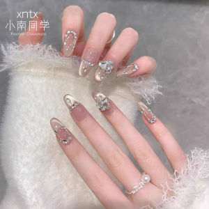 Handmade Luxury Cat Eye Nail Tips Pure Handmade Wearable False Nails White Enhancing Diamond Encrusted French Style Nail Patches