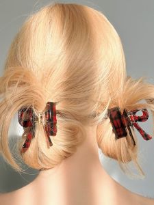 French Style Butterfly Knot Acetate Shark Clamp Hair Clip Cute Plaid British Style Hair Accessories for Girls And Women