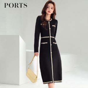 Autumn Winter Retro Knitted round Neck Dress Womens Elegant Slimming Fashionable Base Layer Skirt Wool Blend Long Sleeve Dress
